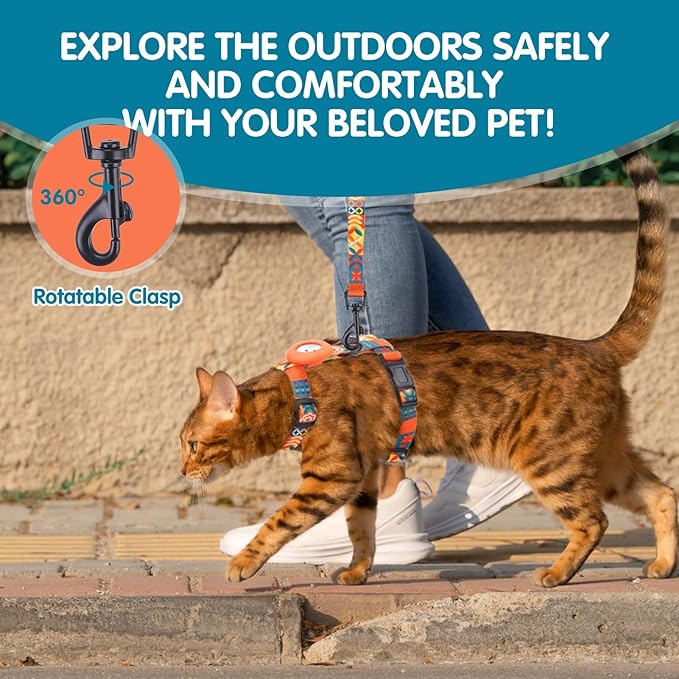 BINGPET Cat Harness and Leash Set Escape Proof for Walking,Adjustable Kitten Harness with Airtag Holder for Small Medium Large Cats,Easy Control Lightweight Harness with Safety Buckle Outdoor (Orange)