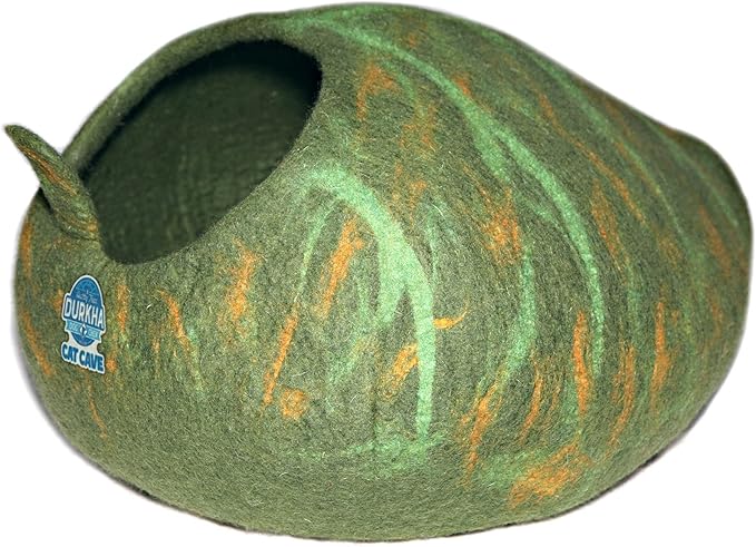 Felt Cat Cave Bed, Handmade Covered Cat Bed Cave, Wooly Cave for Cats, Dome Shaped Cat Pod, Cat Beds & Furniture, Felt Cat Beds for Indoor Cats (Dark and Light Green Pattern)