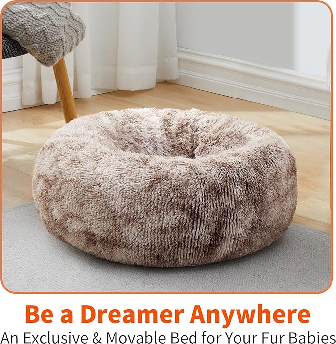 Round Donut Cat and Dog Cushion Bed, Pet Bed for Cats or Small Dogs, Anti-Slip & Water-Resistant Bottom, Super Soft Durable Fabric Pet Beds, Washable Luxury Cat & Dog Bed Brown White 19.7'