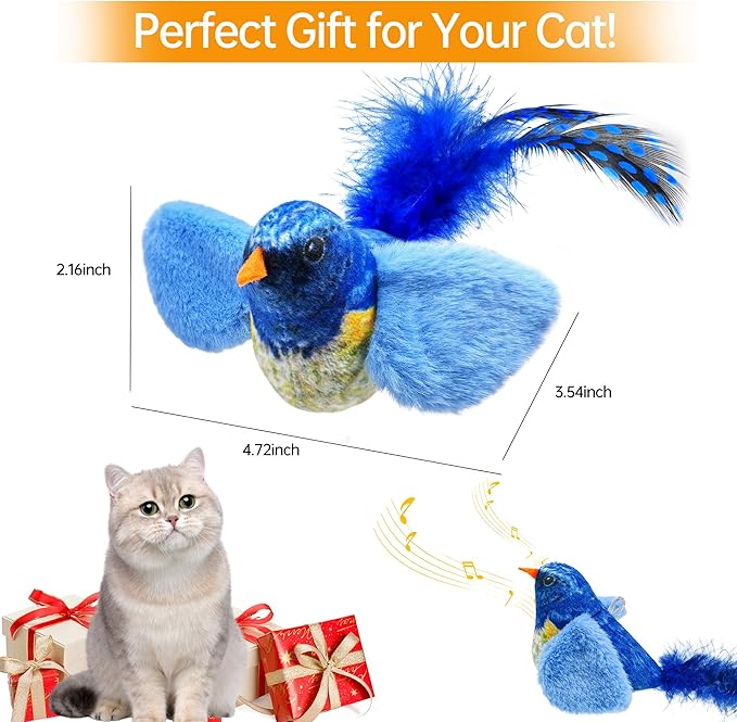 Chirping Bird Cat Toys Hanging Cat Feather Toy - Catnip Interactive Cat Toys for Indoor Cats - Automatic Cat Toy for Cat Exercise & Kicker to Self Play (Blue)