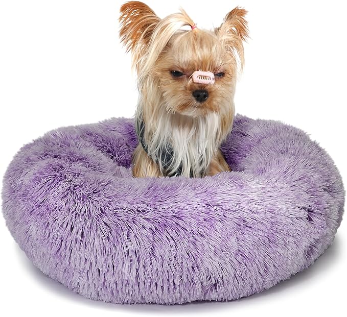 Purple and White Cat Bed for Indoor Cats Washable 15 inches Donut Soft Small Pet Bed,Calming Anti Anxiety Round Fits up to 5 lbs Warm Comfort Kitten Bed Indoor