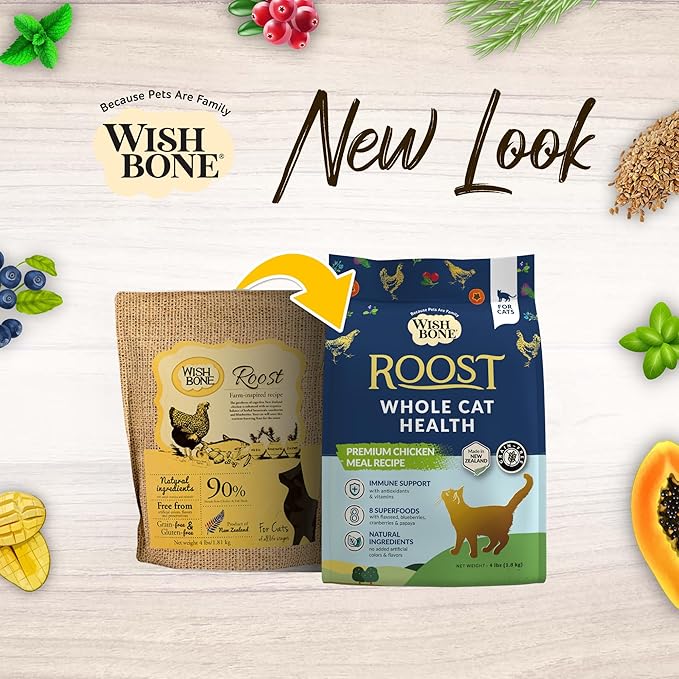 Wishbone Roost New Zealand Chicken, Gluten Free, Grain Free Dry Cat Food - Premium Chicken Recipe Cat Food for Overall Pet Health - 4 lb