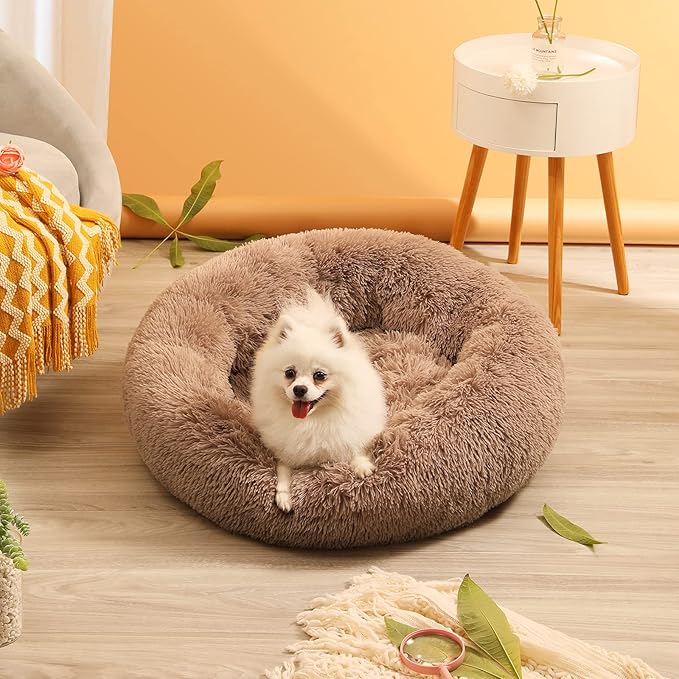 Small Cat Bed for Indoor Cats, Self-Warming Donut Kitty Bed for Small Cats Keeping Warm, Washable Pet Bed with Anti Slip Base, LightCoffee 23‘’