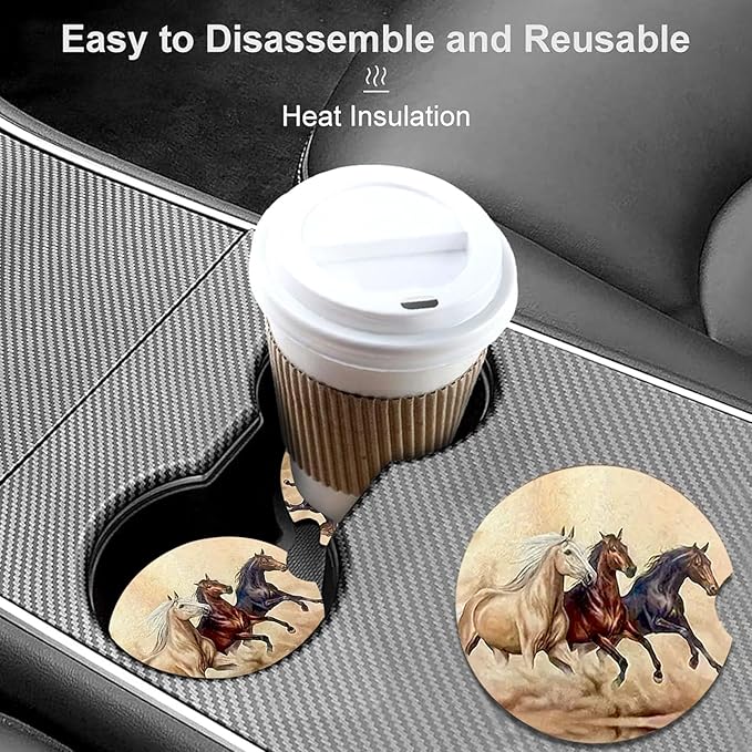 Car Coasters for Cup Holders,2 Pack Horse Car Coasters,2.75" Universal Size Anti Slip Rubber Mat,Automotive Cup Holder Decal Decor Accessories,Gifts for Horse Lovers for Women,Men,Mom