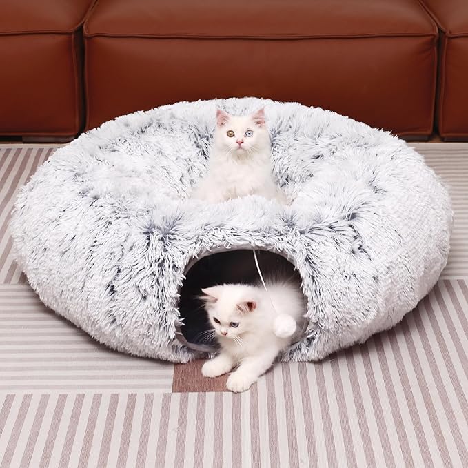 Plush Cat Tunnel with Cat Bed for Indoor Cats, Multifunctional Cat Donut Tunnel for Small Medium Large Cats Kitten Rabbit Puppies