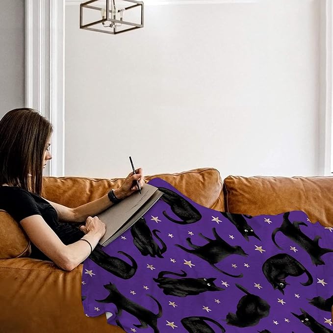 Cute Black Cats Blanket Gifts for Cat Lovers, Stars Plush Moon Halloween Throw Blankets Lightweight Flannel Fleece Kids Bedding for Chair Couch Bed 40x50In