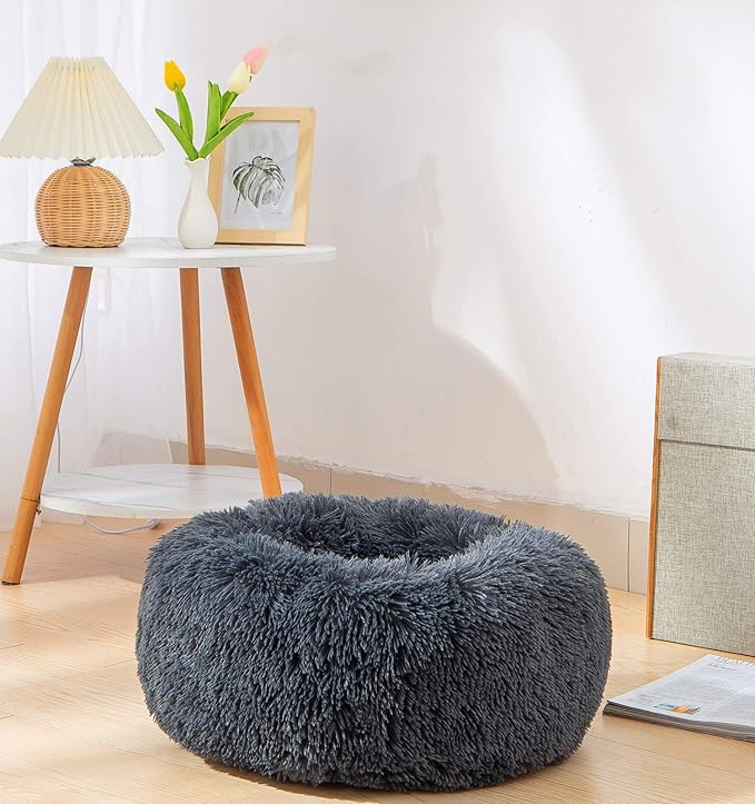 Calming Donut Dog Bed Medium, Plush Round Cuddler Dog & Cat Bed, Anit-Anxiety Marshmellow Fluffy Faux Fur Cushion(24", Deep Grey)