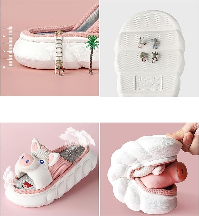 AZCHEN Women's Animal Cartoon Pig Slippers - Cute and Comfortable Linen Plush Slippers for Home