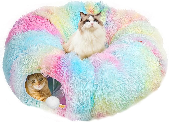 Cat Tunnel Bed for Indoor Winter, Warm Fluffy Plush Rainbow Cats Donut Tunnel with Central Mat, Multifunctional Pet Playground Toys Hide Place for Indoor Kitten Puppy Rabbit Ferret