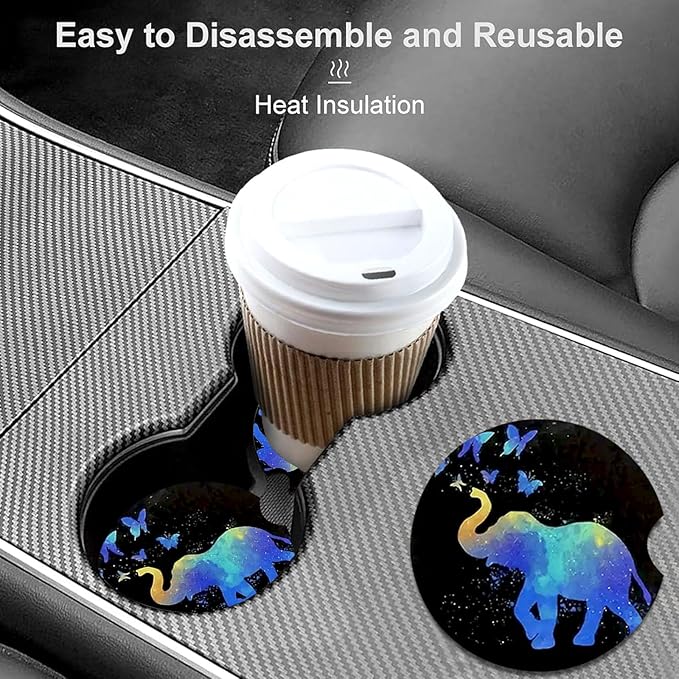 Car Coasters for Cup Holders,2 Pack Elephant Car Coasters,2.75" Universal Size Anti Slip Rubber Mat,Automotive Cup Holder Decal Decor Accessories,Elephant Gifts for Women,Men,Mom