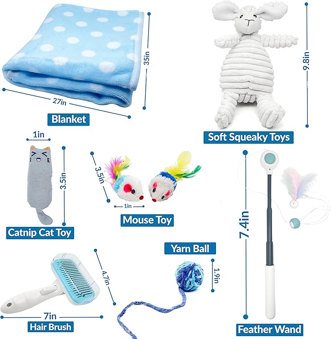 Cat Toys Welcome Blue Gift Set of 8 - Box, Catnip Kitten Toys, Cat Chew Toy, Interactive Feather and String Teaser Wand, Yarn Ball, Squeaky Toy, Cat Hair Brush and Blanket