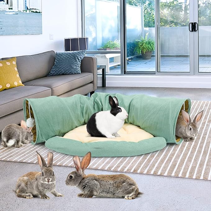 BWOGUE Bunny Tunnel Bed, 2-in-1 Collapsible Tunnel Tubes Toys with Removable Mat Hideout for Cats Kittens Rabbits Guinea Pigs Kitty
