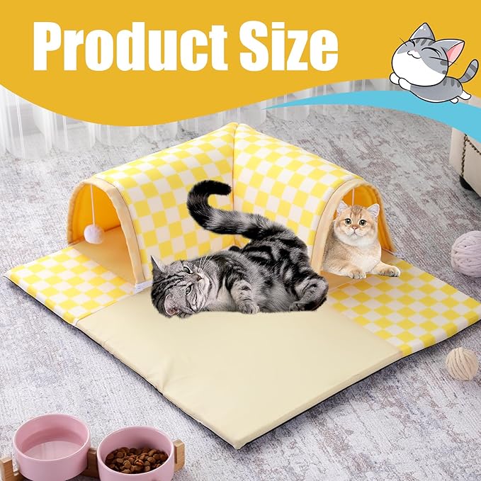 Plush Cat Donut Tunnel Bed for Indoor Cats,Waterproof Soft Peekaboo Cat Cave,Fuzzy Cat Tunnels with 2 Hanging Cat Ball Toys,Machine Washable Small Cat Bed,Warm & Cozy Pet Beds for Kitten,Yellow