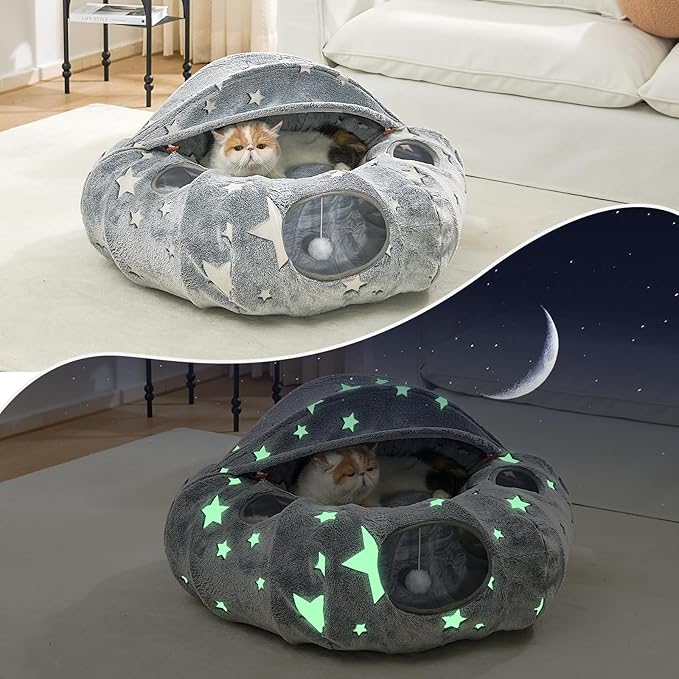 JIUPETY Cat Tunnel Bed with Soft Plush Mat, Collapsible Tube Playground, Cat Cave Bed Tunnel for Indoor Cats, Kitten, Rabbit, Ferret, Fluffy Plush Material, Includes Dangling Balls, Cave Grey A