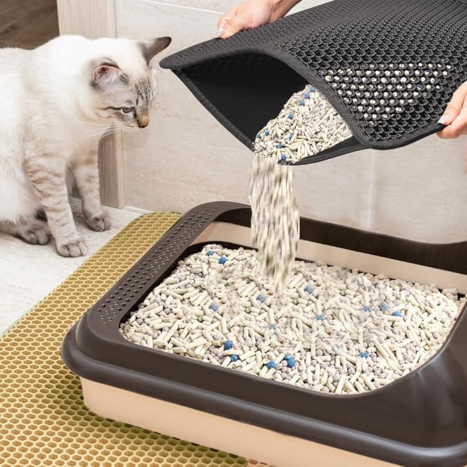 2025 𝗡𝗘𝗪 Waterproof Cat Litter Mat | Double Layer EVA, Odor-Free Large Grid | Urine Proof & Easy Cleanup | Soft on Paws | Versatile Design for Litter and Feeding (Black, 24×36)