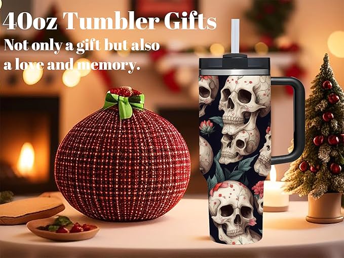 AMZUShome 40 OZ Goth Black Skull Tumbler with Handle.Skull Lover Goth Gifts.Unique Birthday Christmas Halloween Gifts.Personalized 40 OZ Goth Black Skull with Flower Tumbler Gifts for Women Men.
