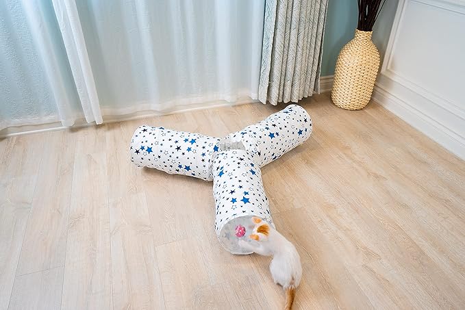 Cat Tunnel,Large Cat Tunnel for Indoor Cat, Kitten Toys Collapsible 3 Ways Play Toy, Pet Tube Hideaway Tunnel with Ball for Cats Rabbits Kittens (White Blue Star Large)