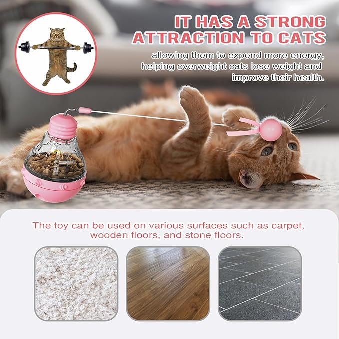Light Bulb Tumbler cat Toy, Never Knocked Over by Cats, high Elasticity cat Teaser Stick, Slow Food Distribution Toy, Cat's Enlightenment Puzzle Toy - Blue (Pink)