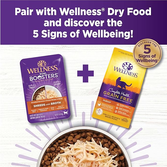 Wellness Bowl Boosters Grain Free Wet Cat Food Topper, Shredded Chicken Recipe in Broth, 1.75 Ounce Pouches (Pack of 12)
