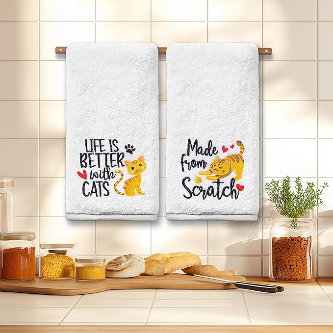 Cat Hand Towels for Bathroom - Set of 2, Embroidered Cat Lover Gifts, Soft Cotton 14x30 Inches