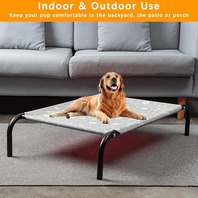 Elevated Dog Bed with Metal Frame, Raised Dog Bed with Waterproof Mesh, Dog Cot with No-Slip Rubber Feet, Portable Pet Bed. S(35.4" L x 22" W x 8" Th) Grey