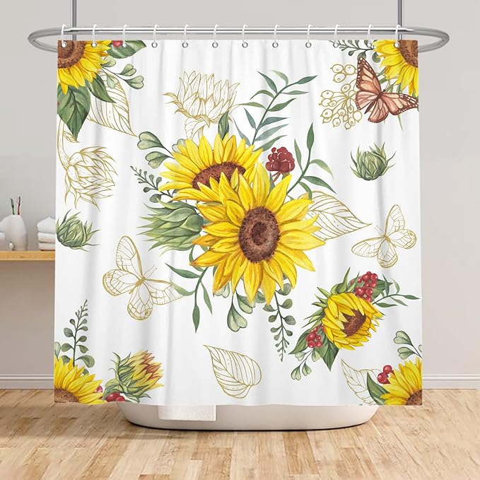 AWERT Vibrant Sunflower Shower Curtain for Bathroom,Waterproof Fabric Plants Shower Curtain with Hooks 72x78 inch