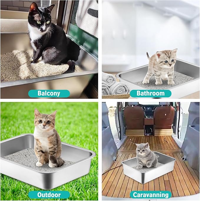 BNOSDM Stainless Steel Litter Box Medium Metal Cat Litter Boxes Odor Control Non Stick Pet Toilet Pan with Non-Slip Feet Mats and Litter Scoop for Cats Kittens Rabbits (17.7x13.8x6 Inches)