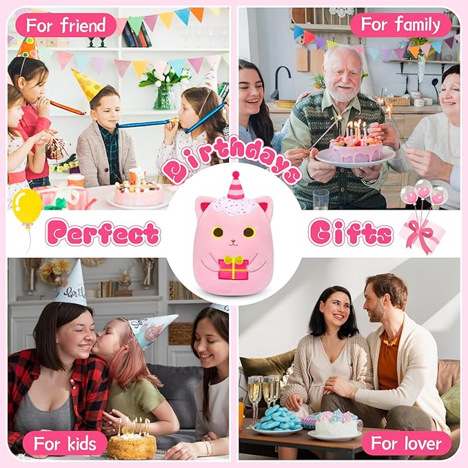 Birthday Cat Plush Pillow,Pink Cat Stuffed Animal Toy,Cute Pinks Stuffed Animal with Gifts, Cat Plushies Birthday Gifts for Kids