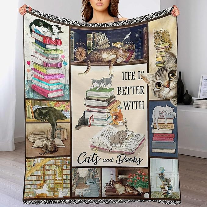 Read Blanket Cat Gifts for Reader Girls Boys Woman Kids Cat Lover Reading Book Throw Blankets Soft Blanket Warm Fleece Flannel Plush Blankets for Bed Sofa Couch 60"x80"
