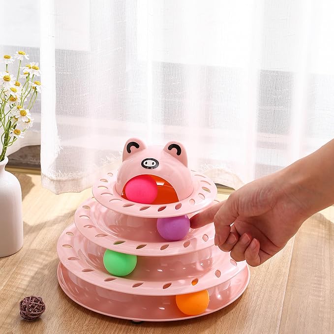 Suhaco Interactive Cat Toys for Indoor Cats Pack of 17 Fun Roller 4 Level Cat Tower with Cute Stickers Turntable Kittens Ball Teaser Toy (Pink 17Pcs)