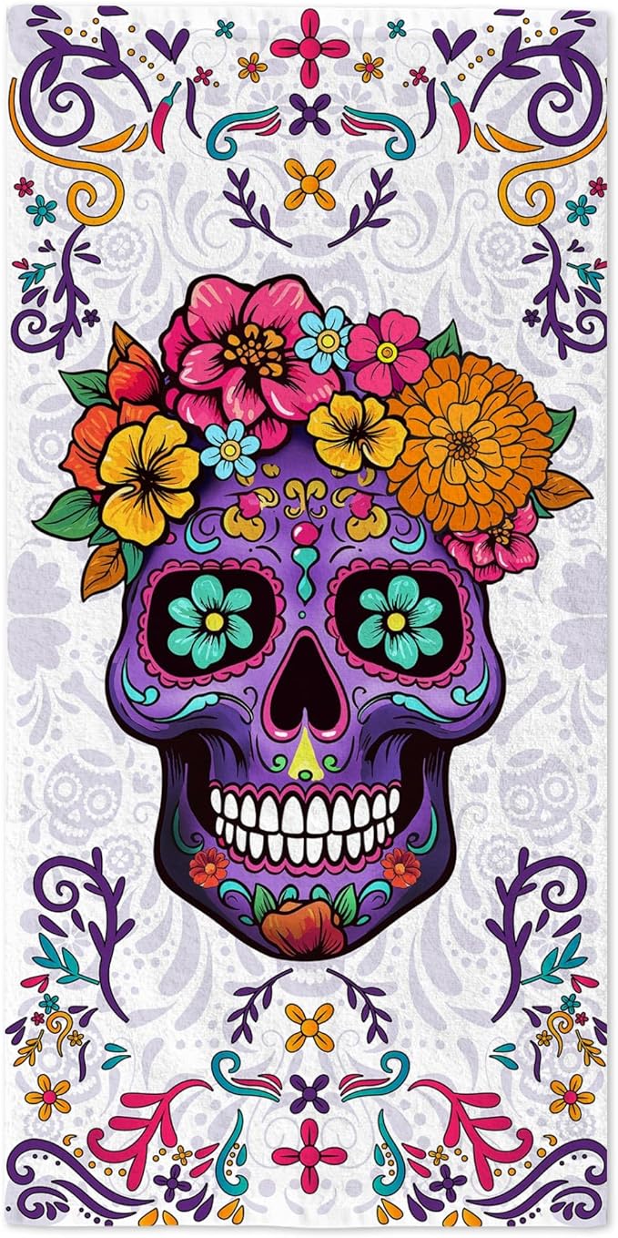 Bonsai Tree Sugar Skull Beach Towel, Purple Microfiber Bath Towel for Women, Sand Free Quick Dry Travel Towels Sugarskull for Women Yoga Sports Adults 30" X 60"