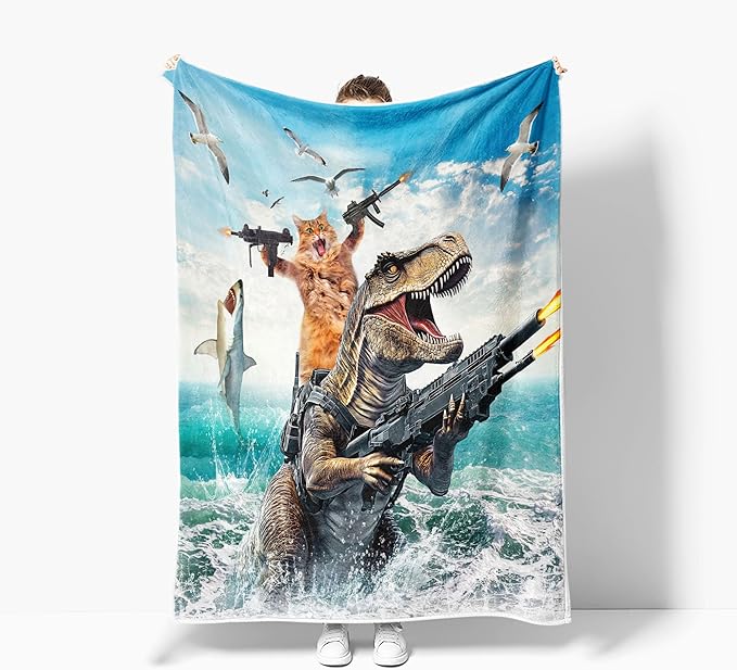Funny Kids Fleece Throw Blanket for Couch, Sofa, Cool Cat Riding Cute Dinosaur Fighting on Ocean Hilarious Children Bed Travel Camping Blankets, Anime Throws Blankets for Cats Lovers