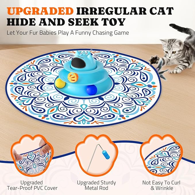 Interactive Cat Toy: 5 in 1 Automatic Cat Toy for Indoor Cats, Rechargeable Hide and Seek Toy with PVC Cover, Battery Operated Kitten Laser Toy with Standard Accessories Pack, Blue