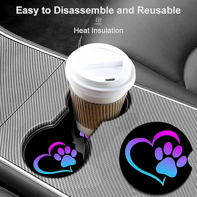 Car Coasters for Cup Holders,2 Pack Love Dog Paw Car Coasters,2.75" Universal Size Anti Slip Rubber Mat,Automotive Cup Holder Decal Decor Accessories,Dog Lovers Gifts for Women,Men,Mom