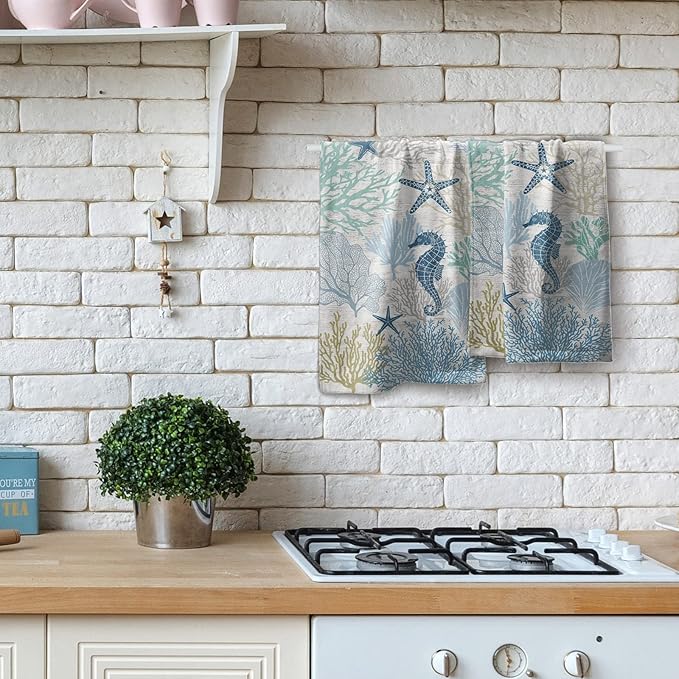 Blue Coral Hand Towels Set of 2 Sea Horse Decorative Bathroom Towels Super Soft Absorbent Towels for Yoga Gym Spa Kitchen 28x14 Inch