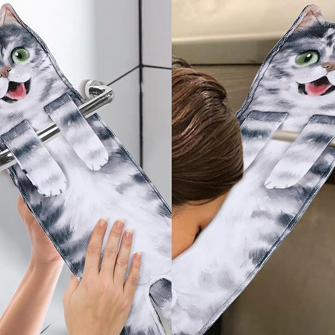 MewMixCat Hand Towels for Kitchen Bathroom-Cute Cat Decor Gadgets-Hanging Soft Absorbent Hand Face Towel-Funny Birthday Housewarming Holiday Unique Gifts for All Women Mom Cat Lovers-ColdGrey