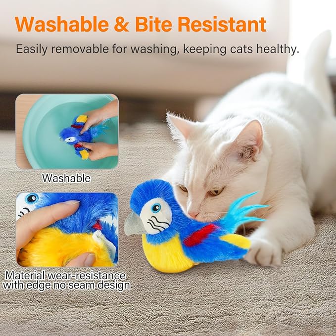 Cat Toys for Indoor Cats, Flapping Bird Cat Toy, Electric Simulated Chirping Bird Interactive Cat Toy with Flappy Wings, Rechargeable Touch Activated Cat Toys with Catnip and Feather - Bule