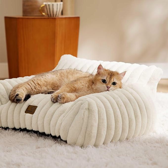 Bedsure Cute Cat Couch for Pets - Fluffy Cat Sofa with Premium Soft Corduroy Fleece, Fuzzy Cat Couch Bed with Removable Washable Cover, Supportive Cat Chair for Indoor Cats, 24inch, Cream