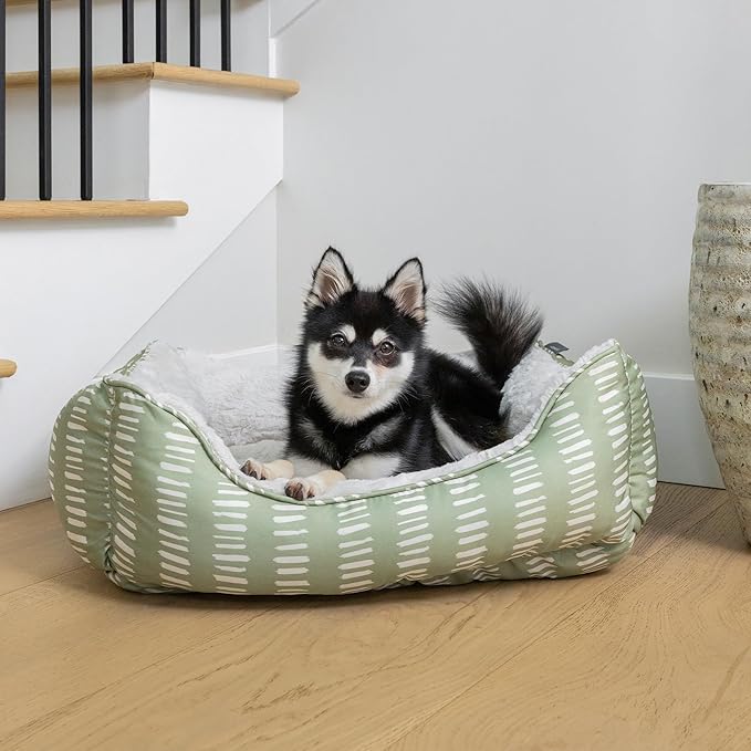 Fringe Studio "Painted Dash Cool Olive Medium Rectangular Cuddler Pet Bed 25" X 21"- Poly Filled with Faux Fur Interior - Machine Washable