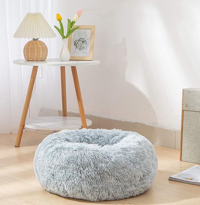 Calming Donut Dog Bed Large, Plush Round Cuddler Dog & Cat Bed, Anit-Anxiety Marshmellow Fluffy Faux Fur Cushion(28", Grey)