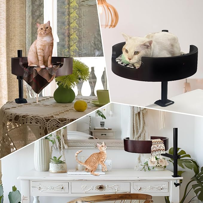 Cat Bed Desk - Adjustable Wooden Cat Bed for Home Office and Study Rooms, Desktop Kitten Furniture Attachment with Pet Mat, Ball, Mouse (Large)