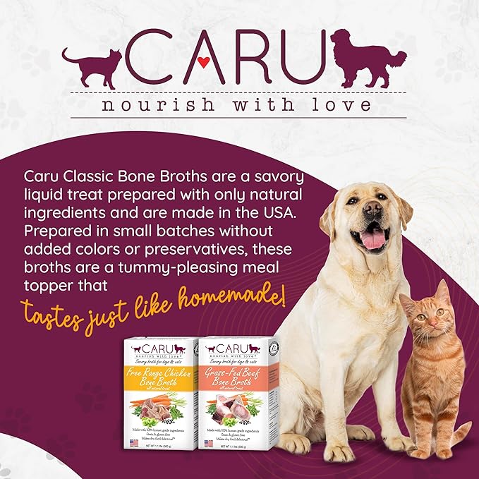 Caru Free Range Chicken Bone Broth For Dogs And Cats, Moistens Dry Food Or Pour Over Freeze Dried Raw Food, Grain And Gluten Free, Non-Gmo Ingredients (1.1 Lbs)