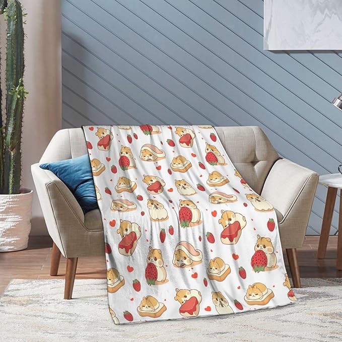 Hamster Strawberry Soft Throw Blanket Flannel Fleece Blankets Warm Cozy Lightweight Fuzzy Blanket for Bed Sofa Couch Home Decor 60"X50"