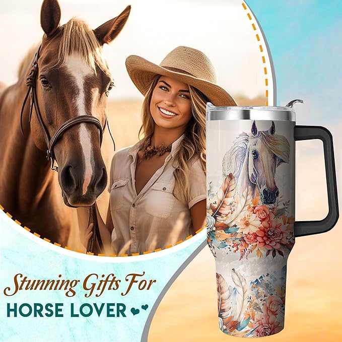 40 Oz Horse Tumbler with Straw and Handle, Double Wall Stainless Steel Horse Mugs for Horse Lovers, Horse Gifts for Women Insulated Horse Cups, 40 Oz Horse Coffee Cup Gifts for Horse Lovers Women