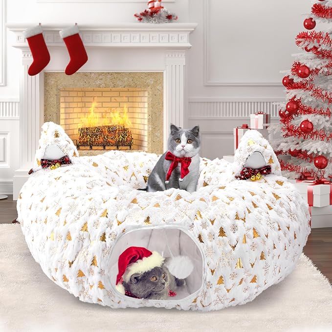 Cat Tunnel Bed for Indoor Cats, 3-in-1 Christmas Cat Donut Tunnel with Washable Cushion, Cat Tube Cave Toys Comes with Two Spherical Cat Fun Balls, for Kitten/Puppy/Rabbit, White