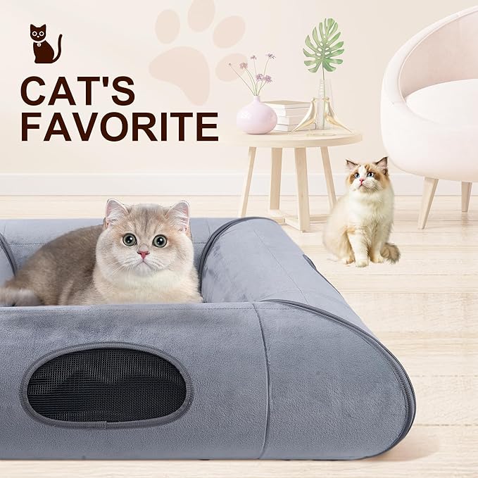 Hilltown Cat Tunnel Bed for Indoor Cats,Metal-Free Design,Scratch-Resistant Multi-Functional Cave,4 Safe Windows,Keeps Cats Safe and Entertained-Large