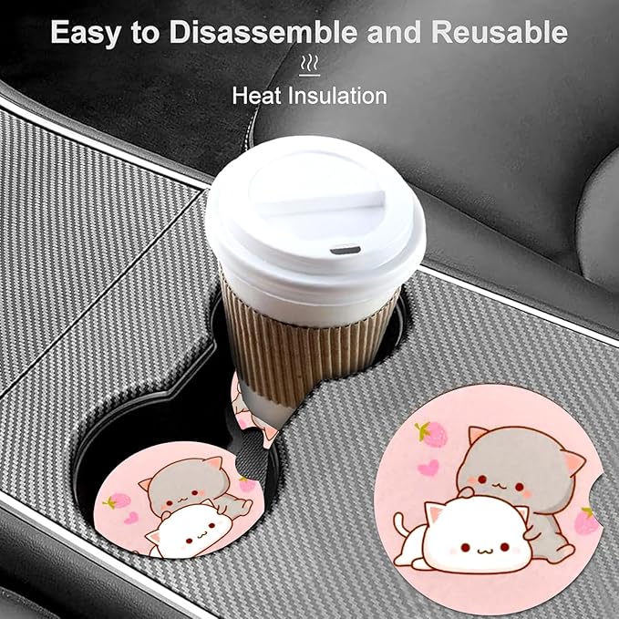 Car Coasters for Cup Holders,2 Pack Cat Car Cup Holder Coasters,2.75" Universal Size Anti Slip Rubber Mat,Automotive Cup Holder Decal Decor Accessories,Gifts for Cat Lovers Women,Men,Mom