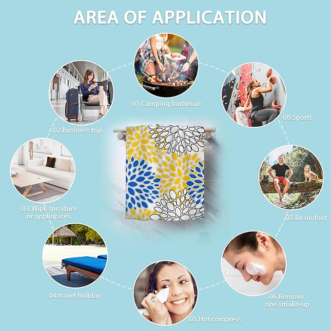 Dahlia Floral Hand Towel Set of 2,Blue and Yellow Abstract Art Face Washcloths Fingertip Kitchen Towels 28 x 14 Inch Soft Bath Dish Cloth for Bathroom Gym Hotel Salon Spa Sport