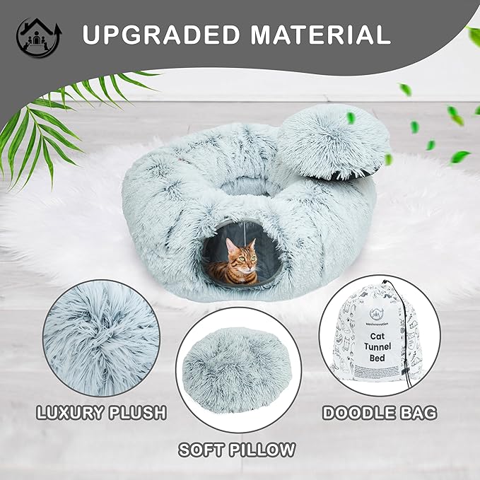 Large Cat Tunnel Bed for Indoor Cats Warm Fluffy Plush Cat Cave Tunnel Bed Collapsible, Washable, 3 Way and Multifunctional with Dangling Balls for Cats, Kittens and Rabbits- Gray