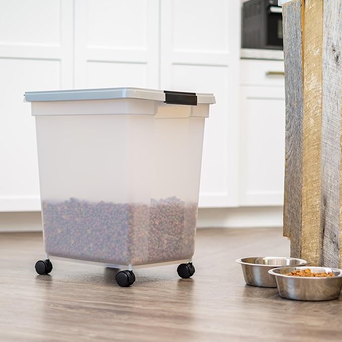 IRIS USA 50 Lbs WeatherPro Airtight Pet Food Storage Container with Removable Casters, for Dog Cat Bird and Other Pet Food Storage Bin, Keep Fresh, Clear/Gray